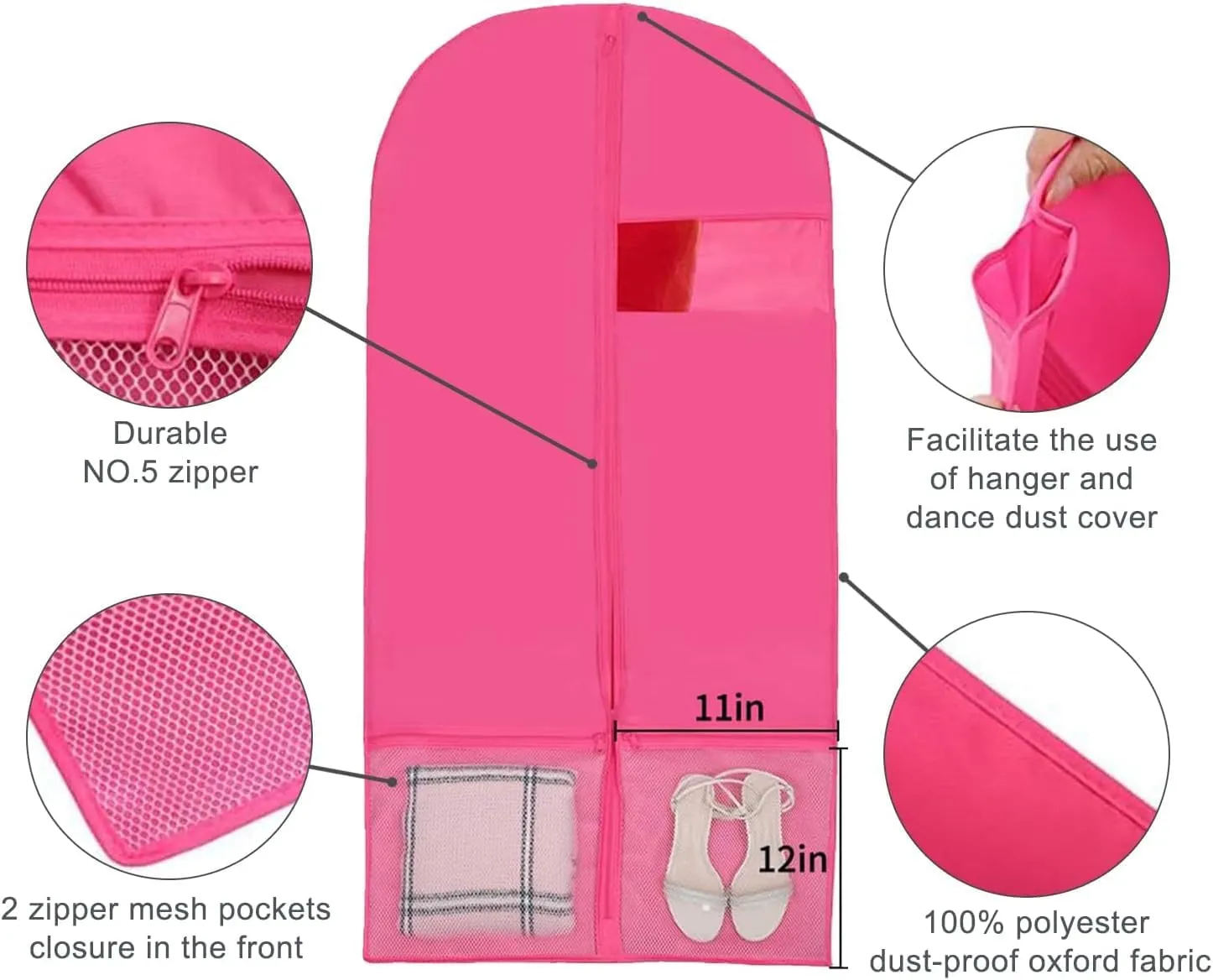 Kernorv Garment Bags Dance Costume Bags,51" Breathable Dance Dress Bag with 2 Zipper Mesh Pockets and Clear Window for Dance Costumes, Storage or Travel (5 Pack,Pink)