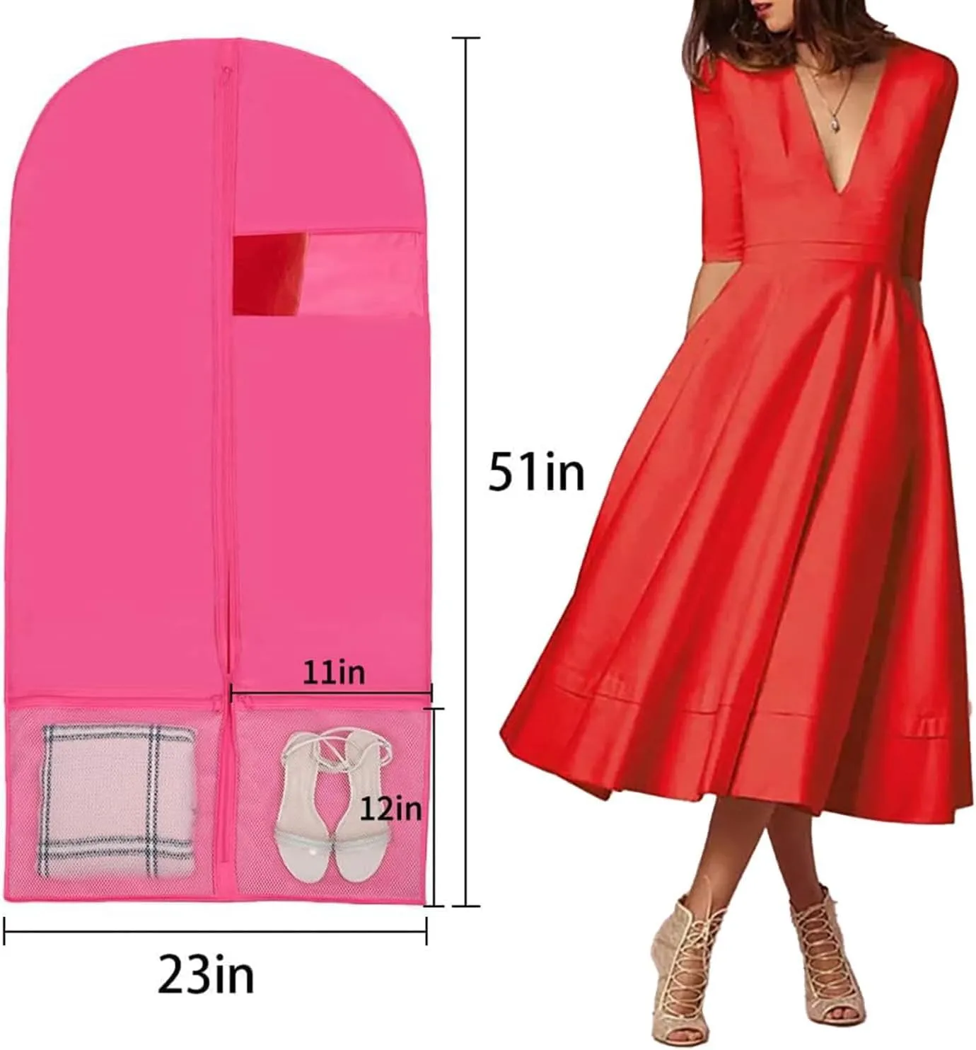 Kernorv Garment Bags Dance Costume Bags,51" Breathable Dance Dress Bag with 2 Zipper Mesh Pockets and Clear Window for Dance Costumes, Storage or Travel (5 Pack,Pink)