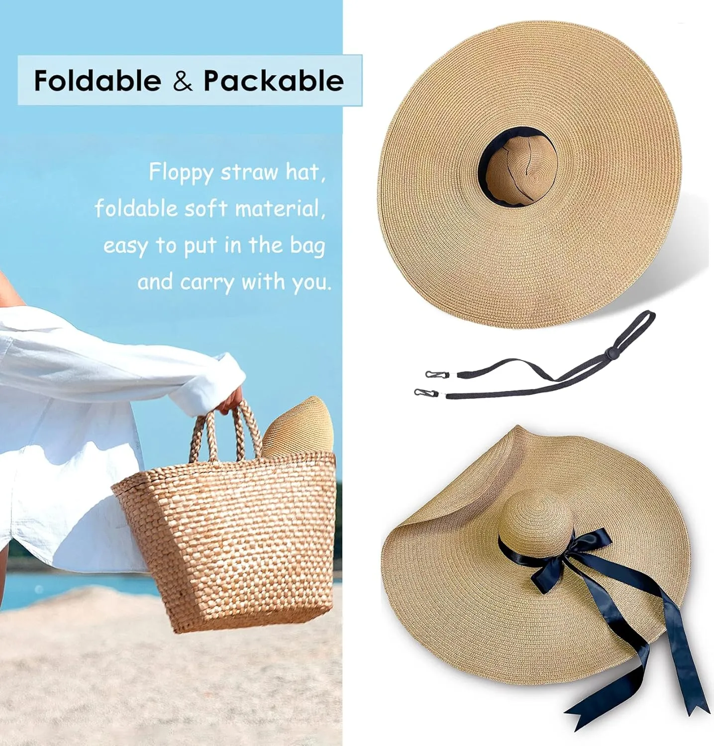 KEYDUACU Oversized Women's Beach hat, 31.5 inch (80cm) Wide Brim Foldable Beach Sunscreen Travel Summer hat