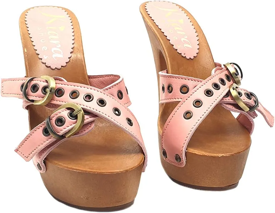 Kiara Shoes Women's Pink Leather Clogs - K9330 ROSA