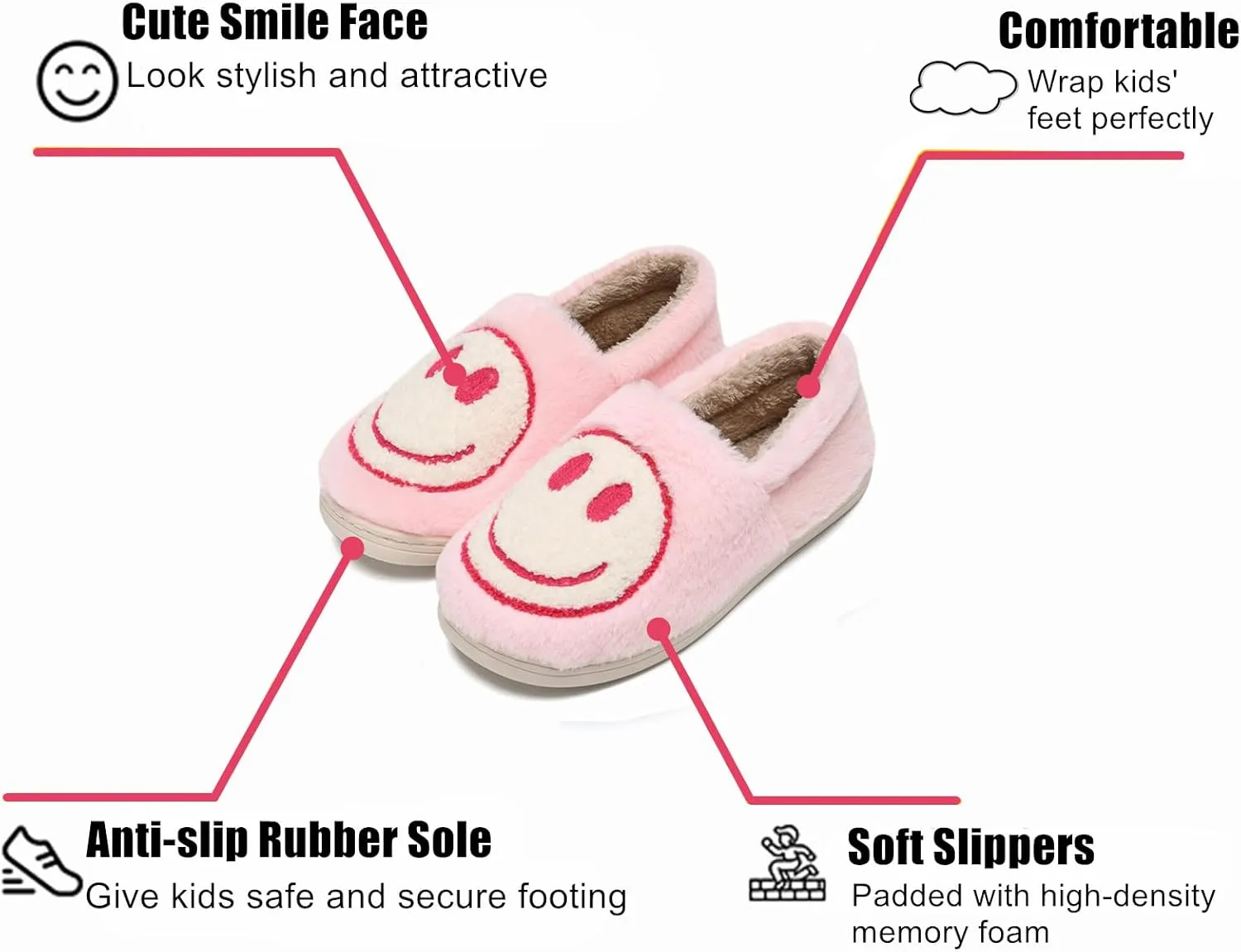 Kids Smile Face Slippers for Boys Girls, Cute Plush Fuzzy Toddler Infant Happy Face Slippers, Indoor Outdoor Non-slip Robber Sole with Memory Foam Warm Pillow House Shoes