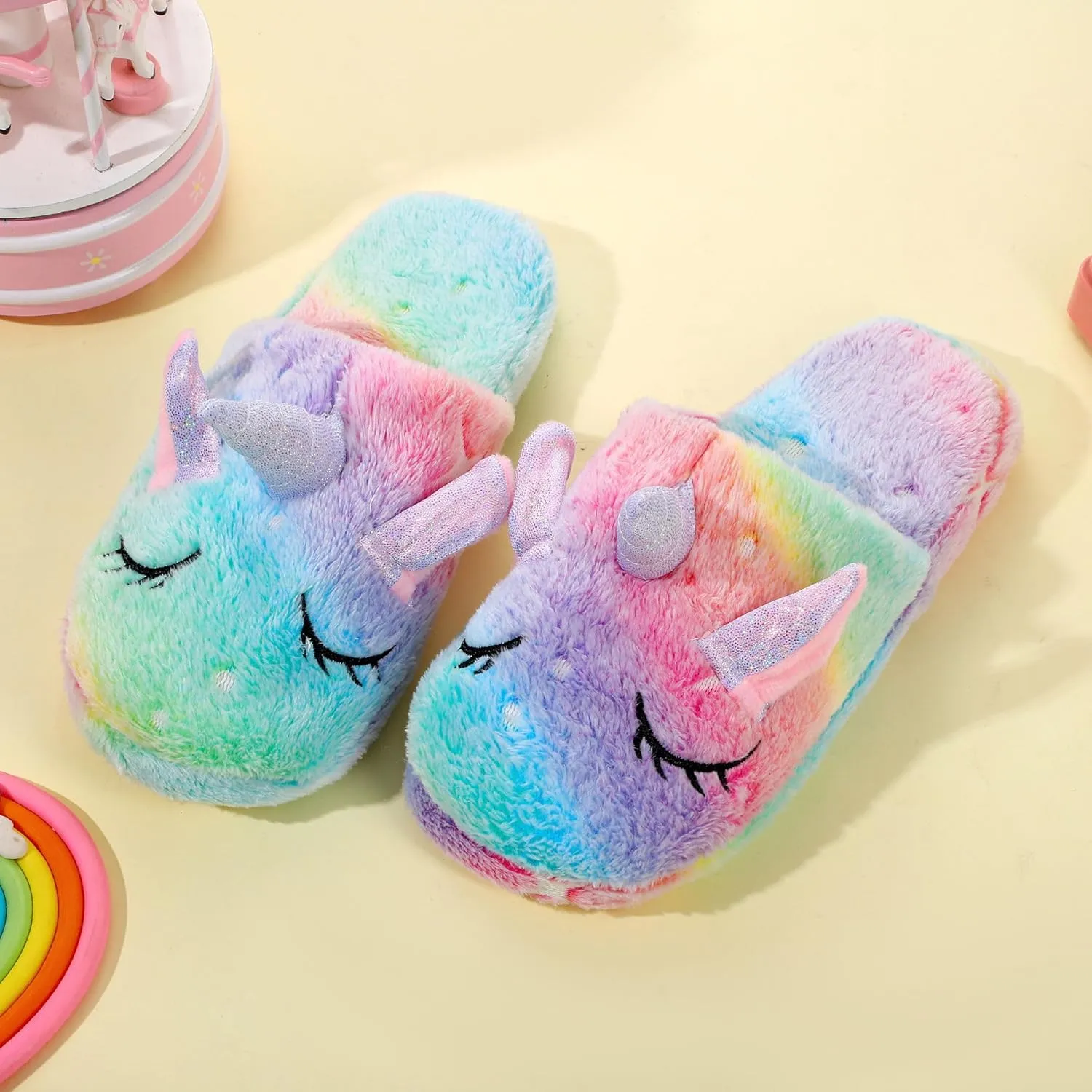 Kids Unicorn Slippers for Boys Girls Toddler Fuzzy Slippers Children House Slippers with Anti Slip Soles Glow in the Dark