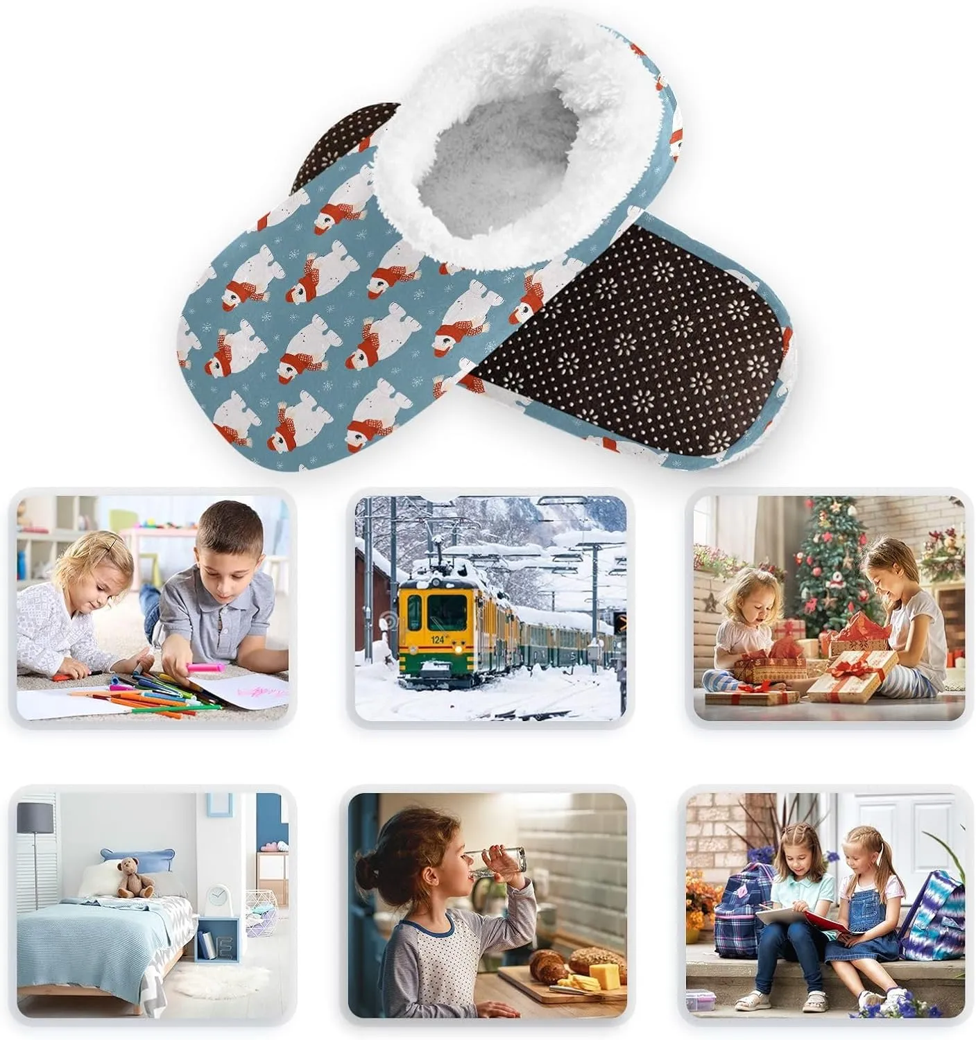 Kids Winter Slippers Cartoon Polar Bear Winter Snowflakes Warm Soft Non Slip House Slippers for Boys Girls Indoor