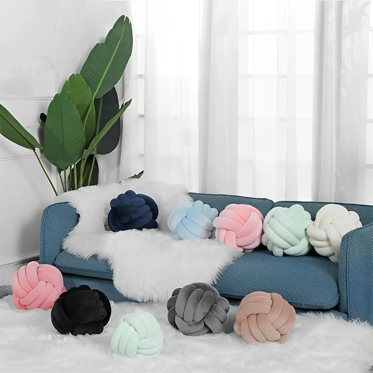 Knot Ball Pillows, Round Throw Pillow Cushion Home Decoration Soft Plush Pillow, Throw Knotted Ball Pillow Handmade Children Room Decoration Round Plush Toy Pillow (Blue,8.5"/22cm)