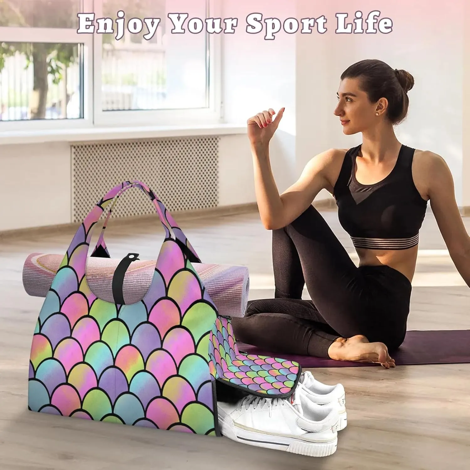 KOBLEN Yoga Gym Bags for Women Duffel Bag with Shoe Compartment and Yoga Mat Portable Weekender Bags for Pilates Travel Offices Workout Beach