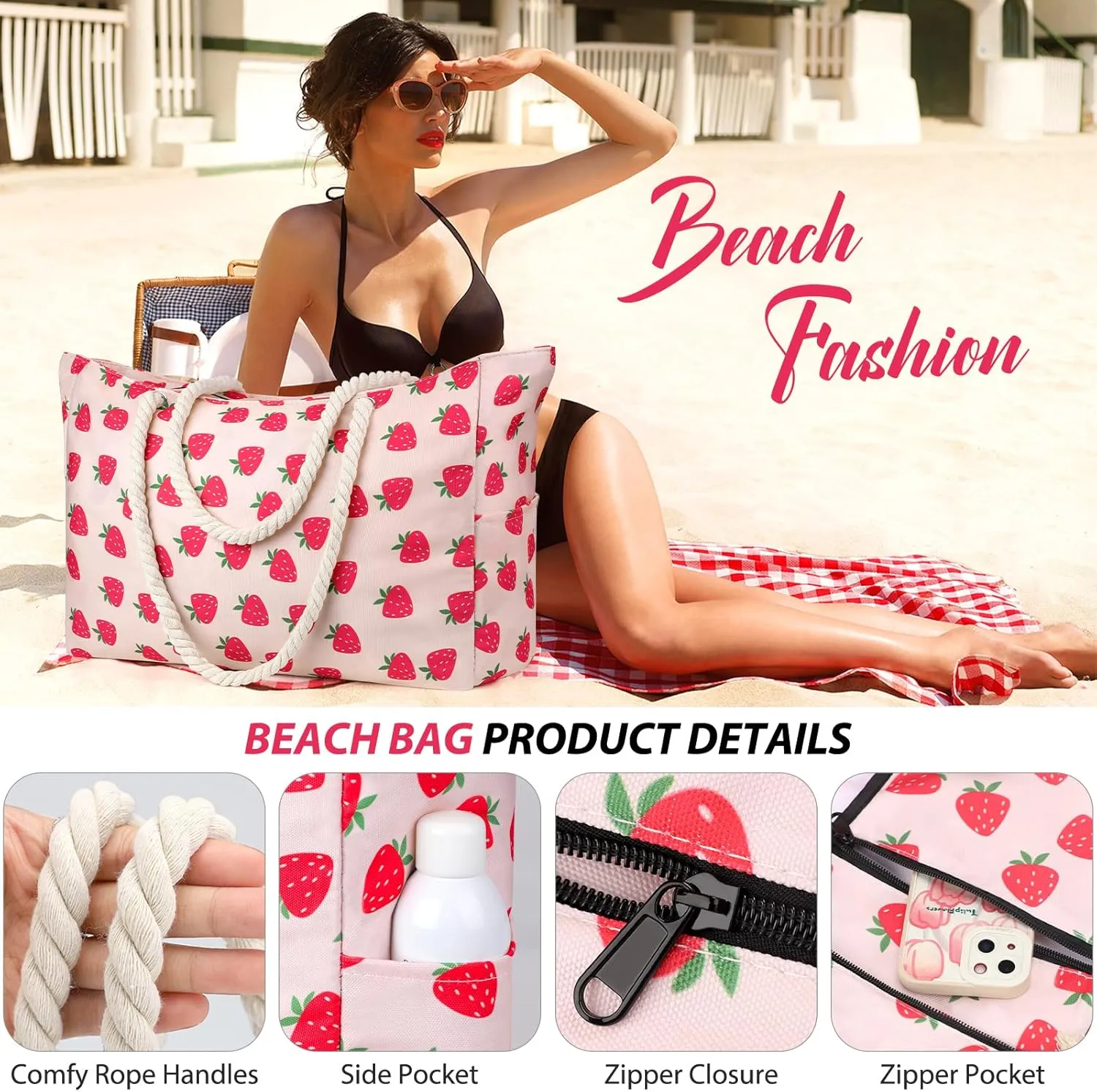 KPX Large Beach Bags Pool Bag, Zippered Beach Tote Bags, Cute Girls Oversized Swim GymBags for Travel,