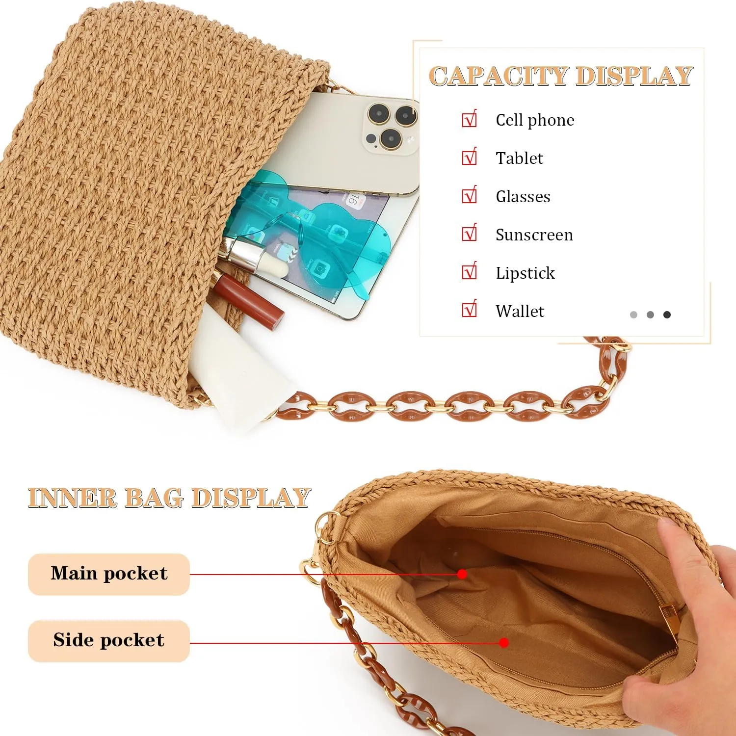 KUANG! Straw Woven Shoulder Bag for Women Summer Beach Tote Bag Crossbody Handbag Satchel Chain Purse