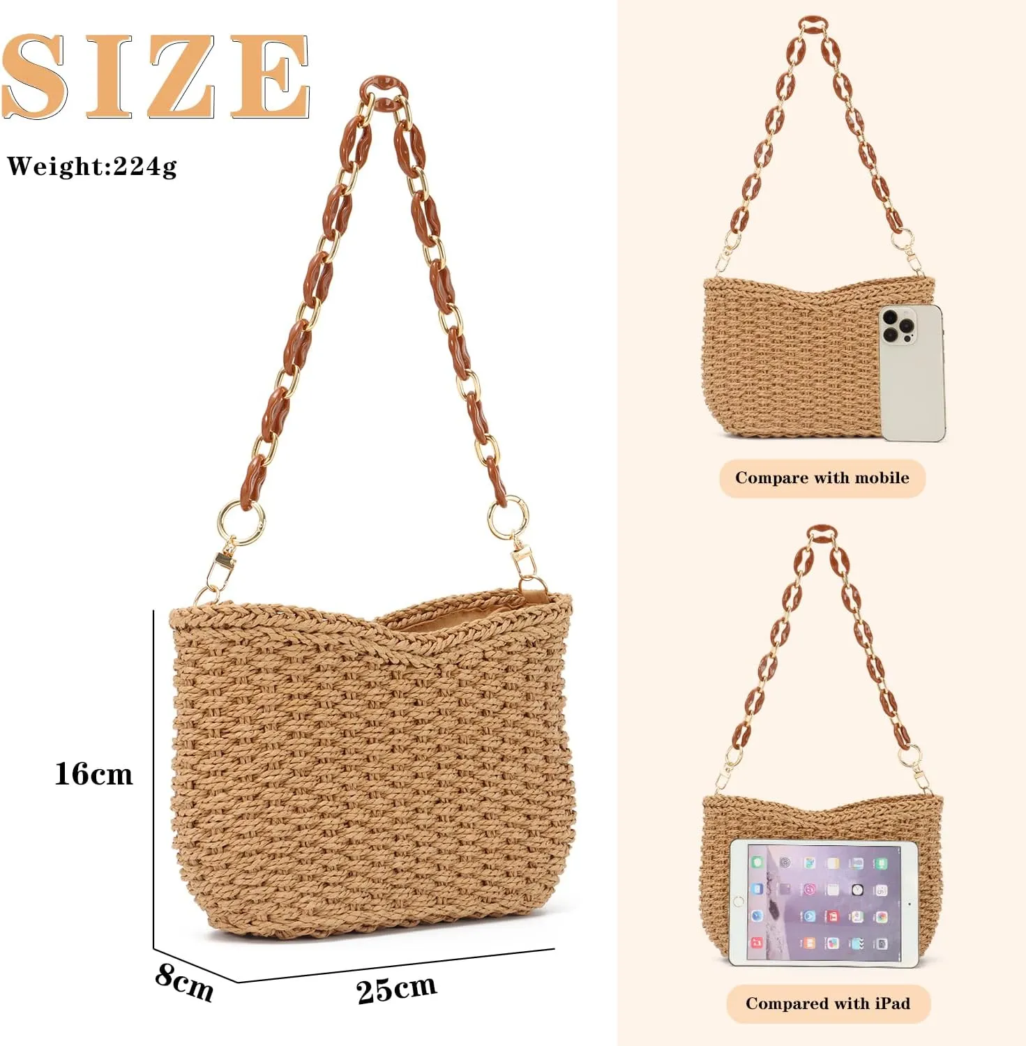 KUANG! Straw Woven Shoulder Bag for Women Summer Beach Tote Bag Crossbody Handbag Satchel Chain Purse