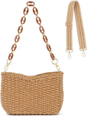 KUANG! Straw Woven Shoulder Bag for Women Summer Beach Tote Bag Crossbody Handbag Satchel Chain Purse