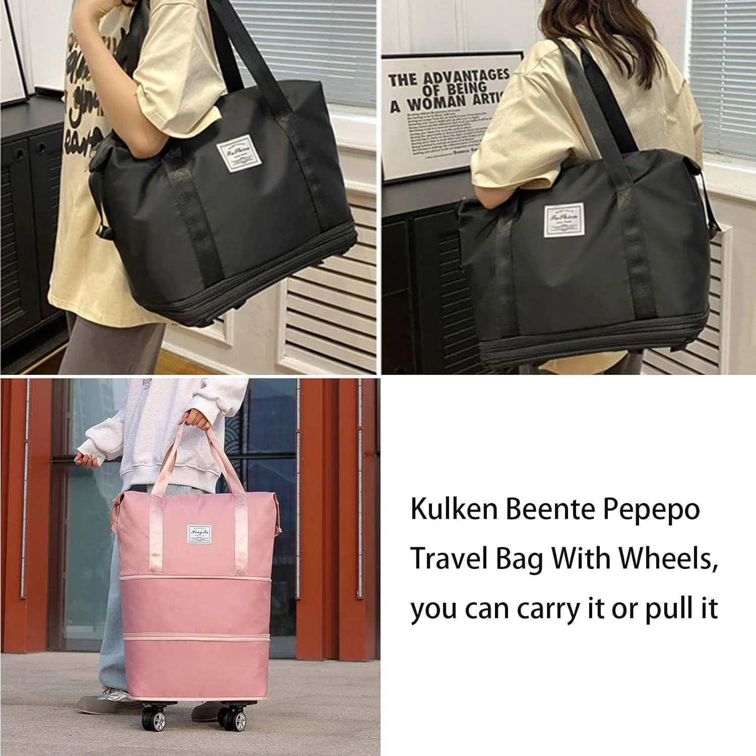 Kulken Beente Pepepo Travel Bag With Wheels, folding bag with wheels foldable & Women, Ideal for Business Trips & Long Travel (Pink)