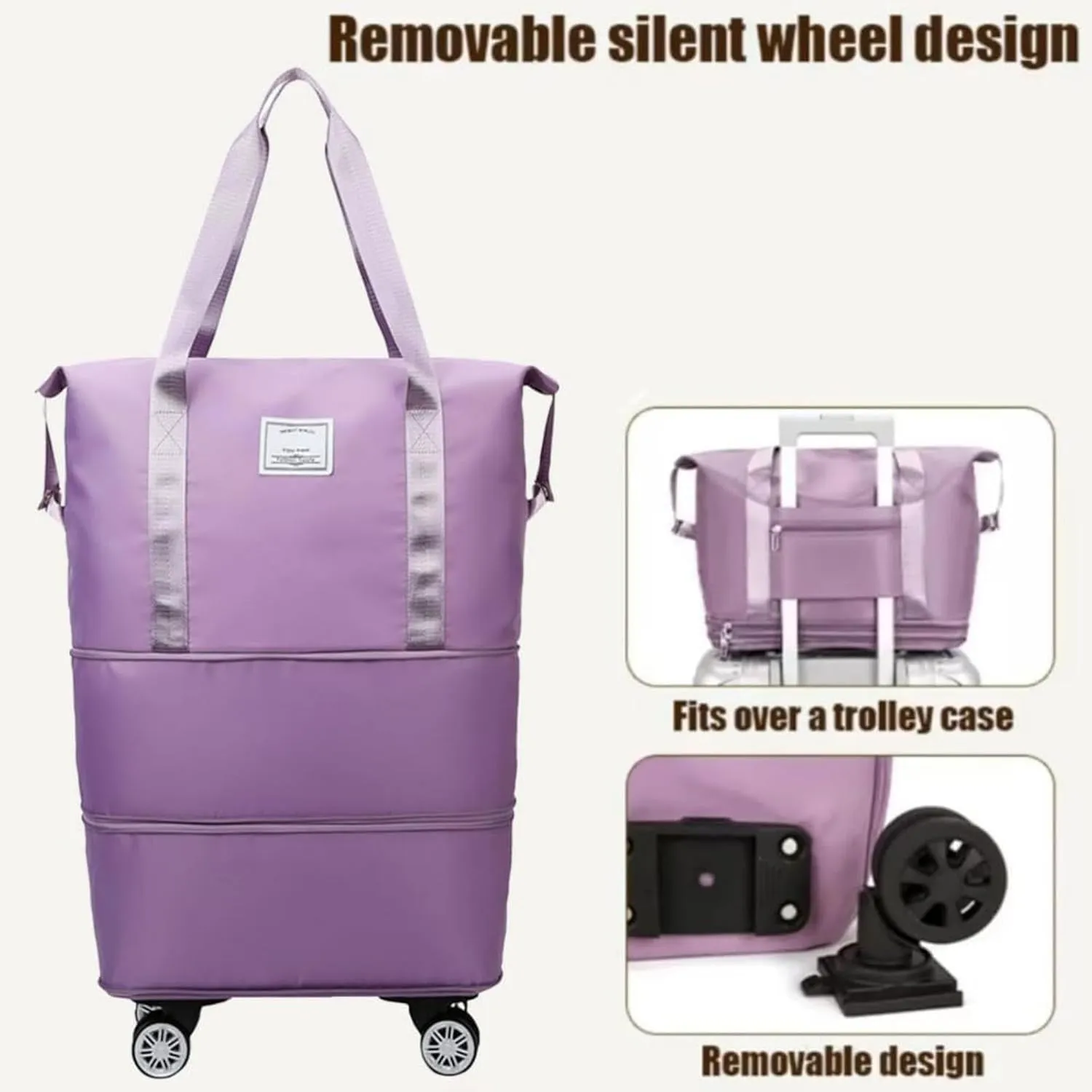 Kulken Travel Bag with Wheels, Large Capacity Three-Layer Expandable Foldable Travel Package - Universal Wheel Removable, Kulken Luggage with Dry and Wet Separation Layer (D-Purple)