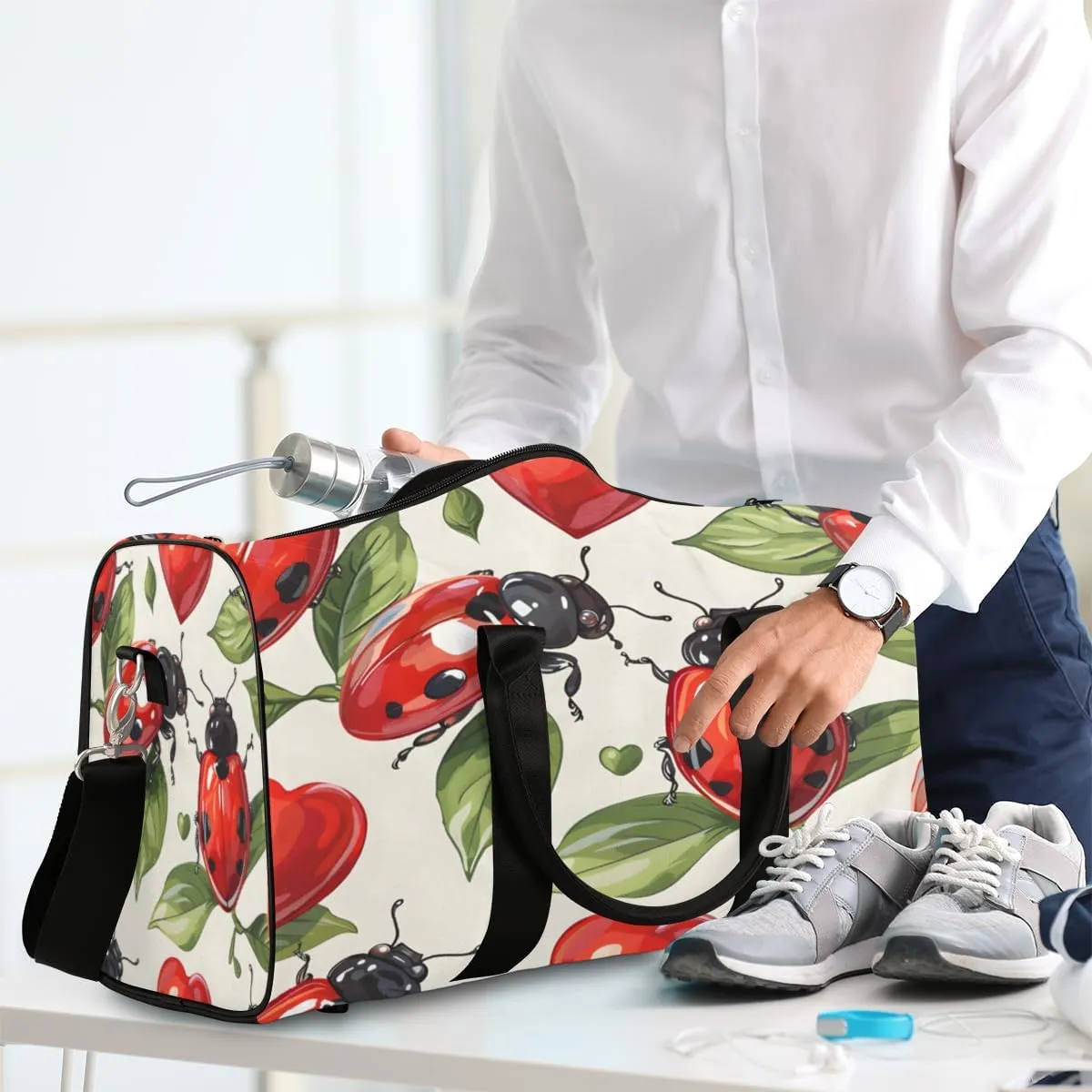 Ladybugs Travel Duffle Bag, Sports Gym Bags for Women Men, Carry On Weekender Overnight Bag, Red Black Ladybugs Workout Hospital Airplane Trips Bag