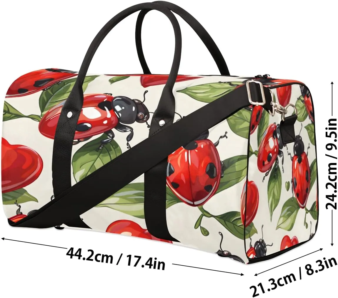 Ladybugs Travel Duffle Bag, Sports Gym Bags for Women Men, Carry On Weekender Overnight Bag, Red Black Ladybugs Workout Hospital Airplane Trips Bag