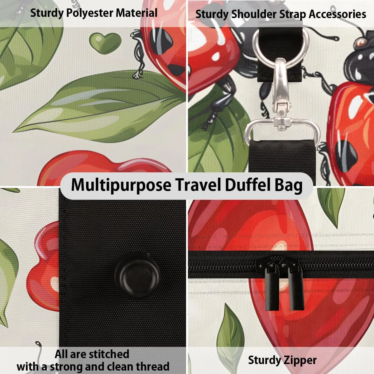 Ladybugs Travel Duffle Bag, Sports Gym Bags for Women Men, Carry On Weekender Overnight Bag, Red Black Ladybugs Workout Hospital Airplane Trips Bag