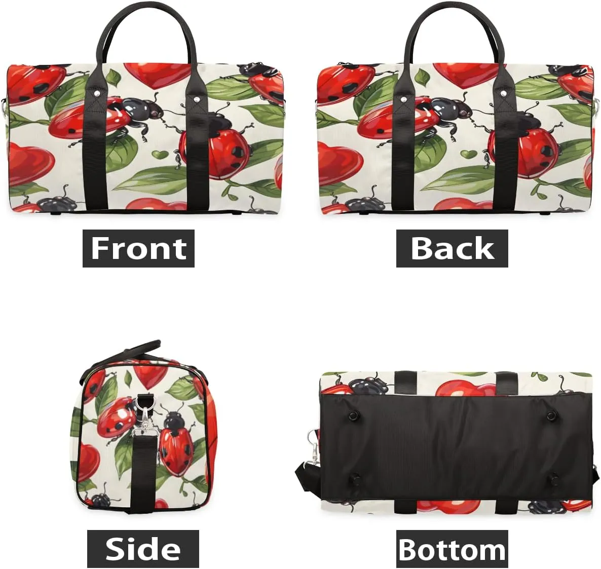 Ladybugs Travel Duffle Bag, Sports Gym Bags for Women Men, Carry On Weekender Overnight Bag, Red Black Ladybugs Workout Hospital Airplane Trips Bag