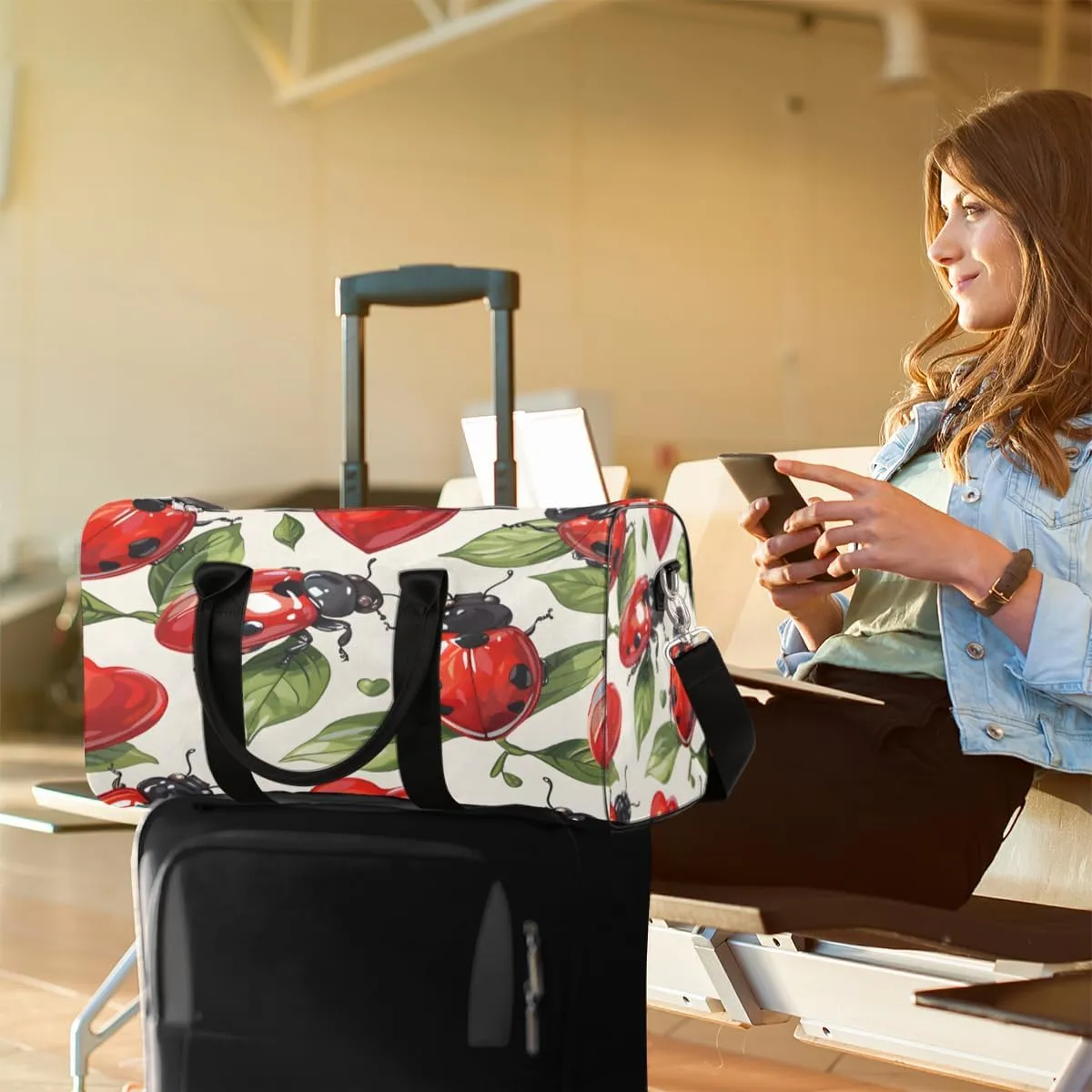 Ladybugs Travel Duffle Bag, Sports Gym Bags for Women Men, Carry On Weekender Overnight Bag, Red Black Ladybugs Workout Hospital Airplane Trips Bag