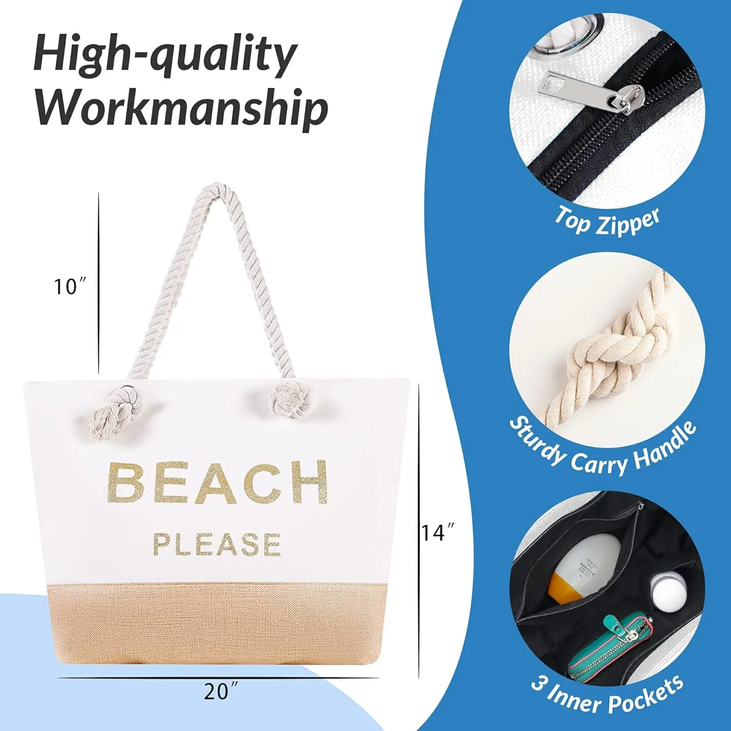 Large Canvas Beach Tote Bag with Zipper Women Swim, Travel, Shopping, Gym and Beach Holiday Cruise Essentials