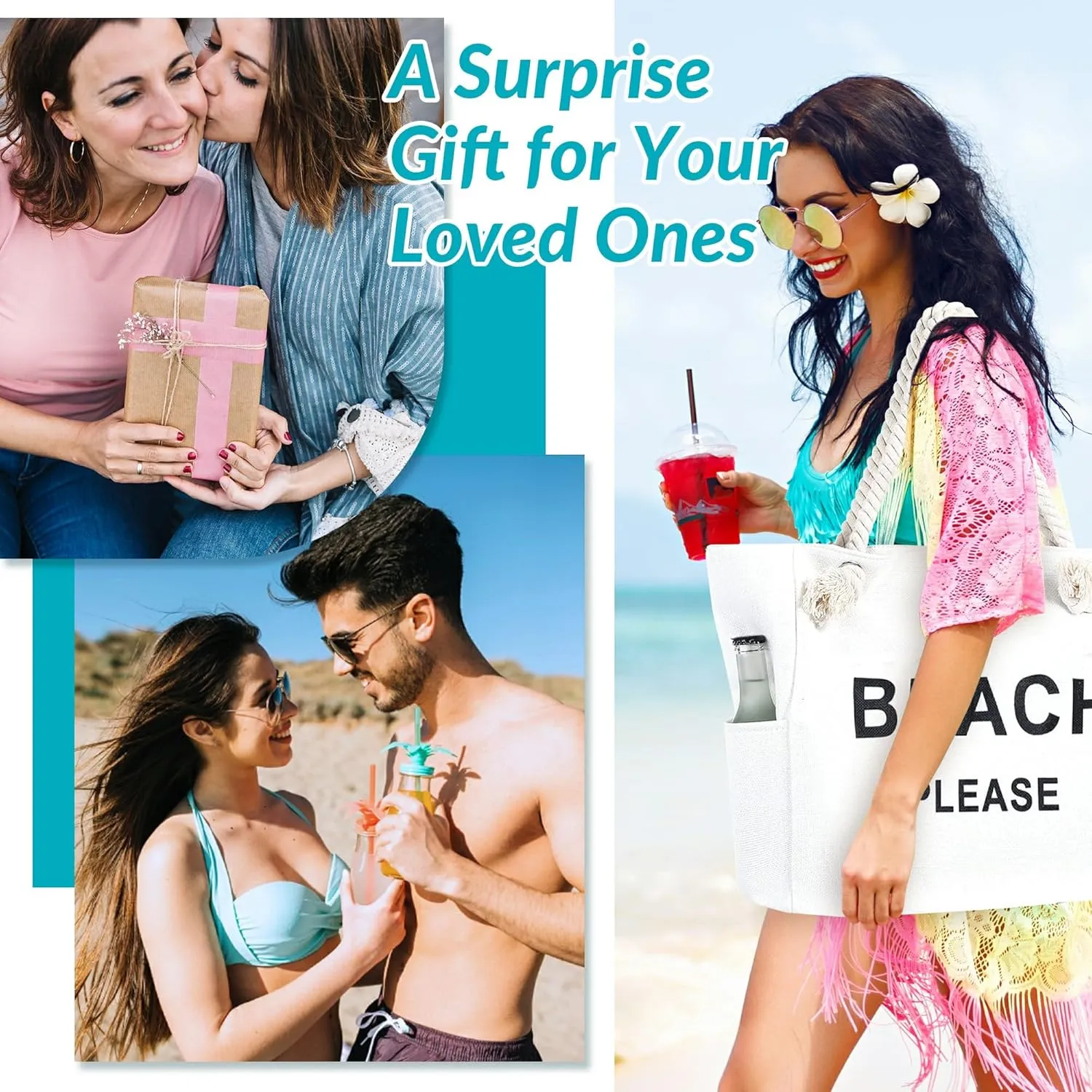 Large Canvas Beach Tote Bag with Zipper Women Swim, Travel, Shopping, Gym and Beach Holiday Cruise Essentials