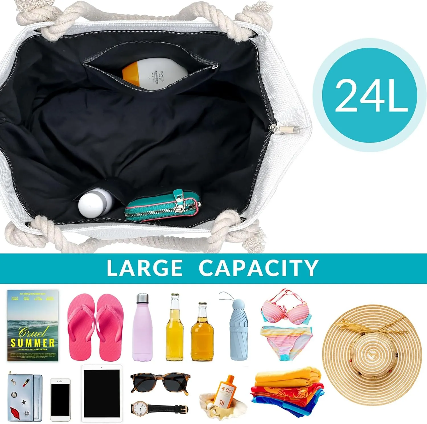 Large Canvas Beach Tote Bag with Zipper Women Swim, Travel, Shopping, Gym and Beach Holiday Cruise Essentials