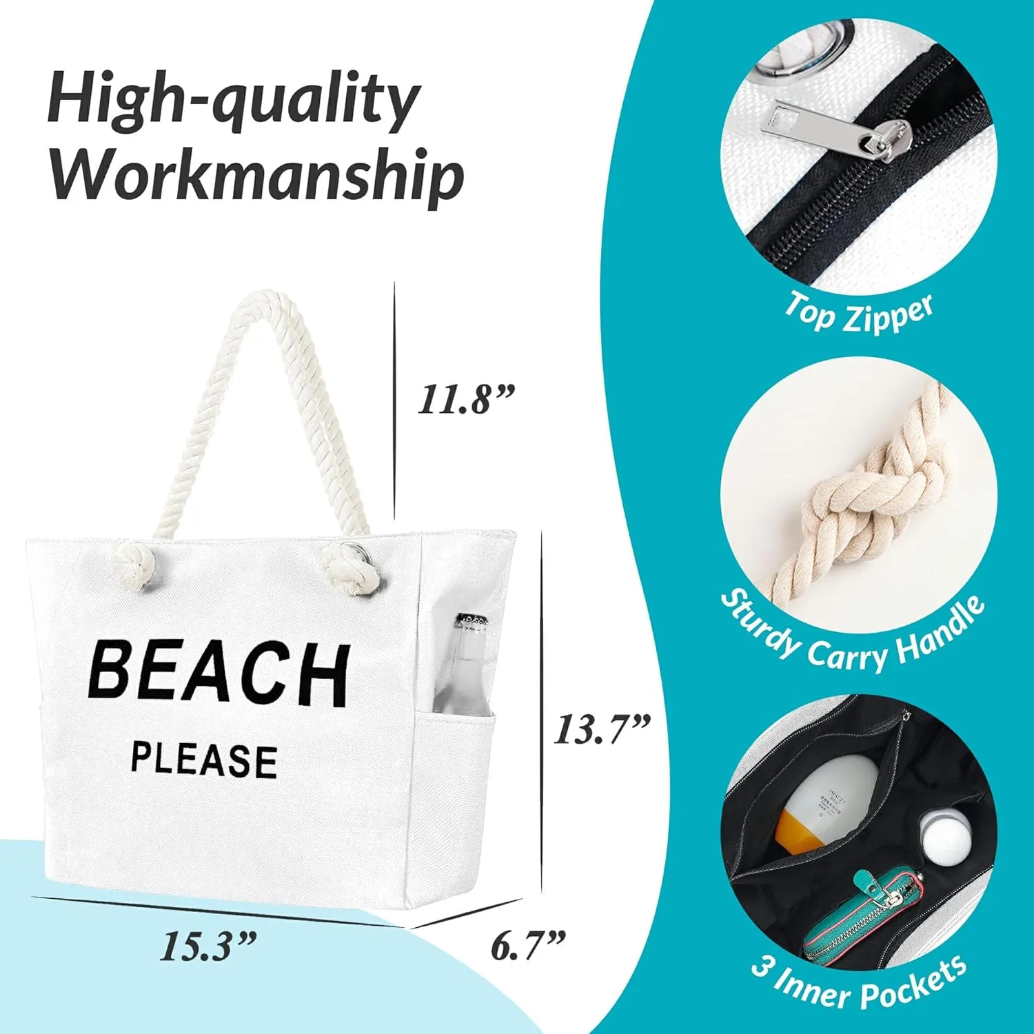 Large Canvas Beach Tote Bag with Zipper Women Swim, Travel, Shopping, Gym and Beach Holiday Cruise Essentials