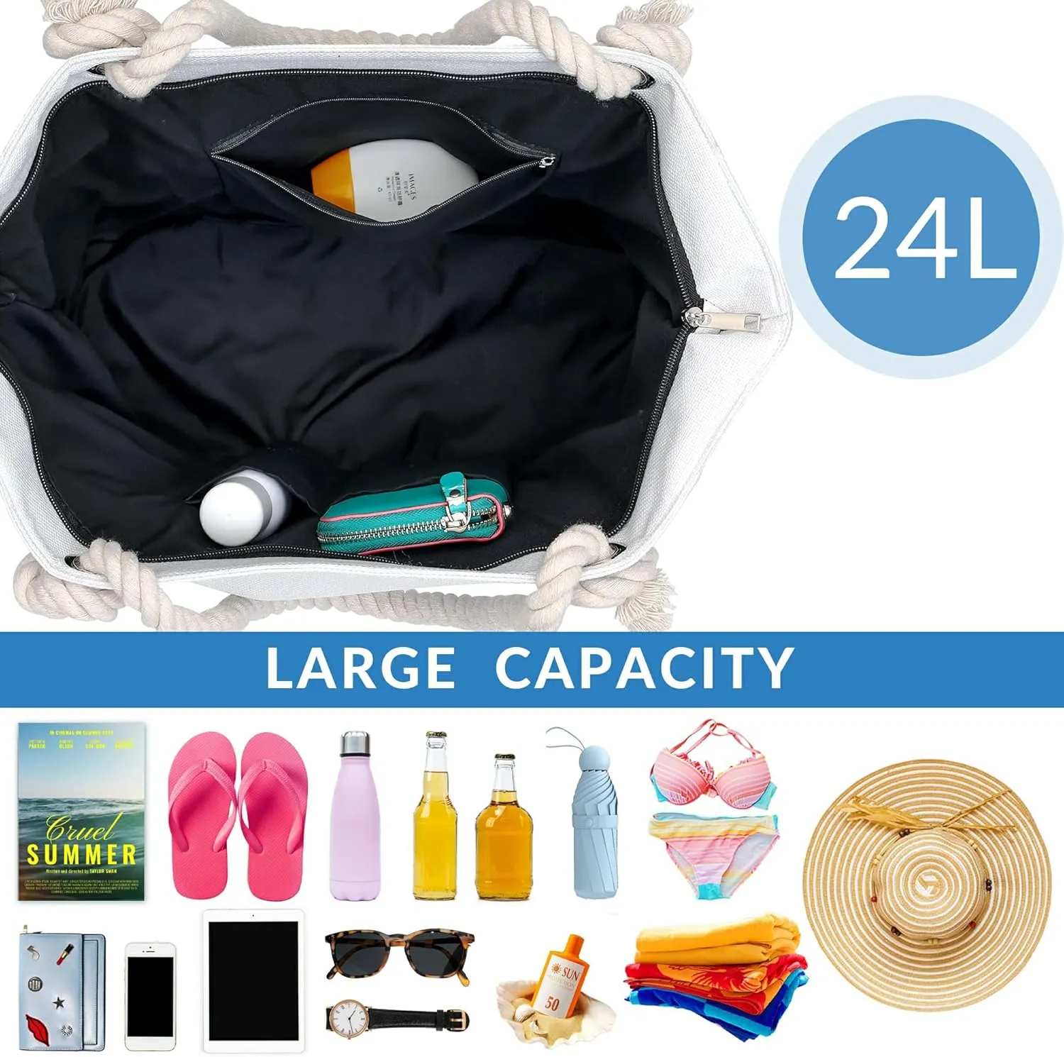 Large Canvas Beach Tote Bag with Zipper Women Swim, Travel, Shopping, Gym and Beach Holiday Cruise Essentials