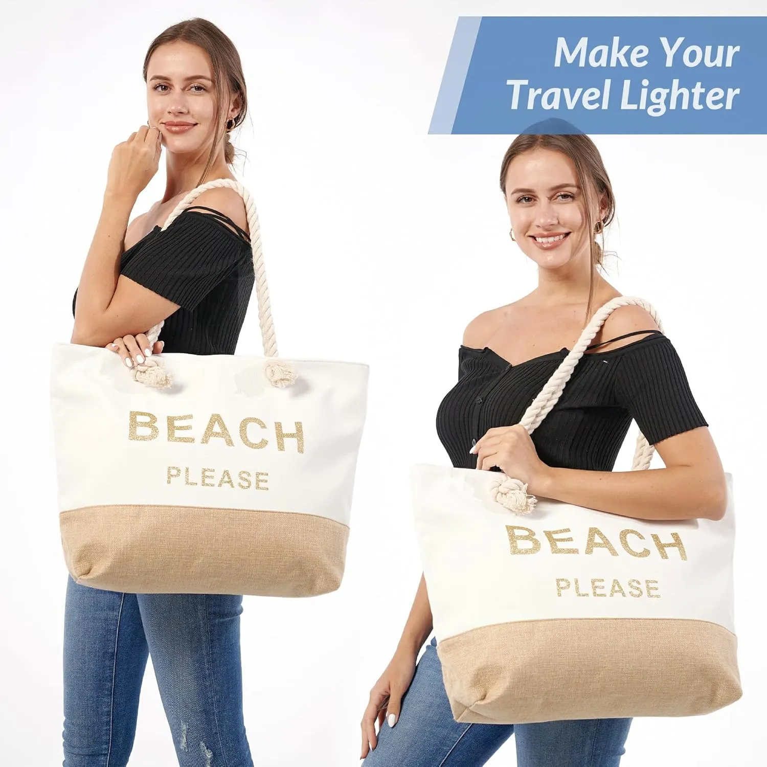 Large Canvas Beach Tote Bag with Zipper Women Swim, Travel, Shopping, Gym and Beach Holiday Cruise Essentials