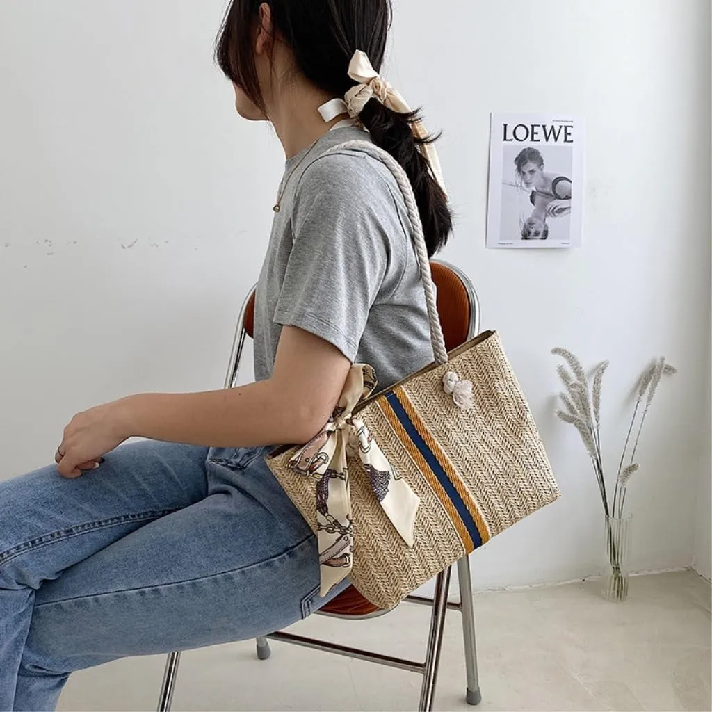 Large capacity Bag Exquisite Straw Handbag with Stripes and Bows: Add Fashionable Flavor Ladies shoulder Bag