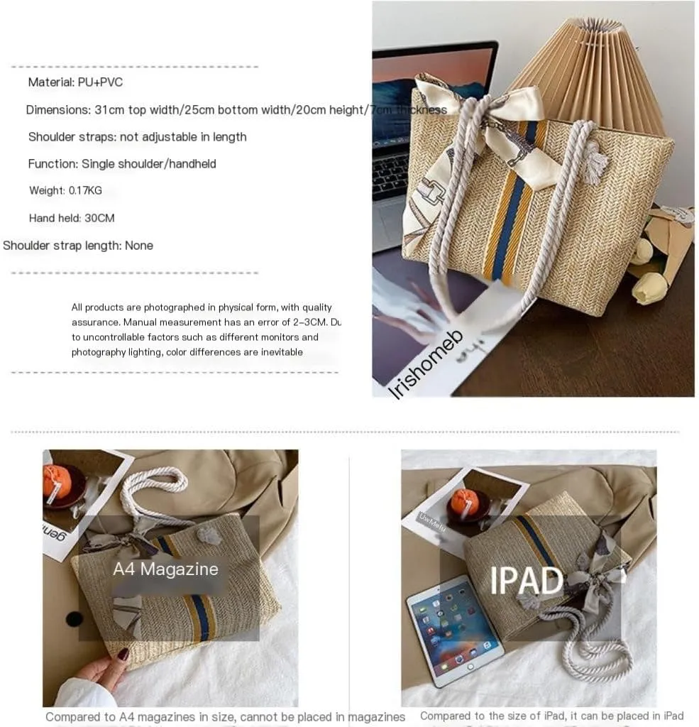 Large capacity Bag Exquisite Straw Handbag with Stripes and Bows: Add Fashionable Flavor Ladies shoulder Bag