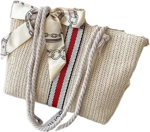 Large capacity Bag Exquisite Straw Handbag with Stripes and Bows: Add Fashionable Flavor Ladies shoulder Bag