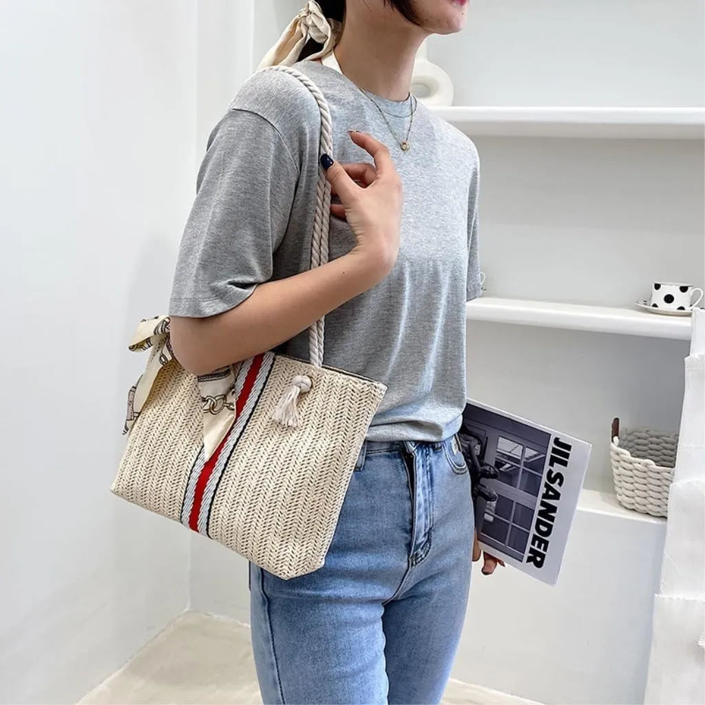 Large capacity Bag Exquisite Straw Handbag with Stripes and Bows: Add Fashionable Flavor Ladies shoulder Bag