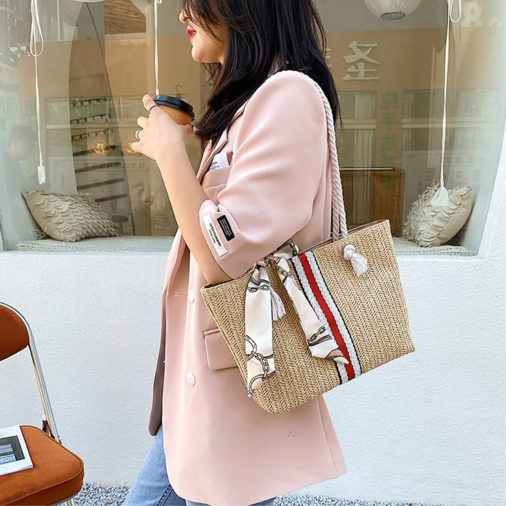 Large capacity Bag Exquisite Straw Handbag with Stripes and Bows: Add Fashionable Flavor Ladies shoulder Bag