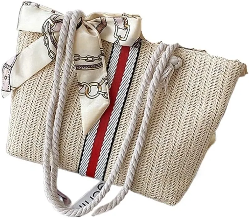 Large capacity Bag Exquisite Straw Handbag with Stripes and Bows: Add Fashionable Flavor Ladies shoulder Bag