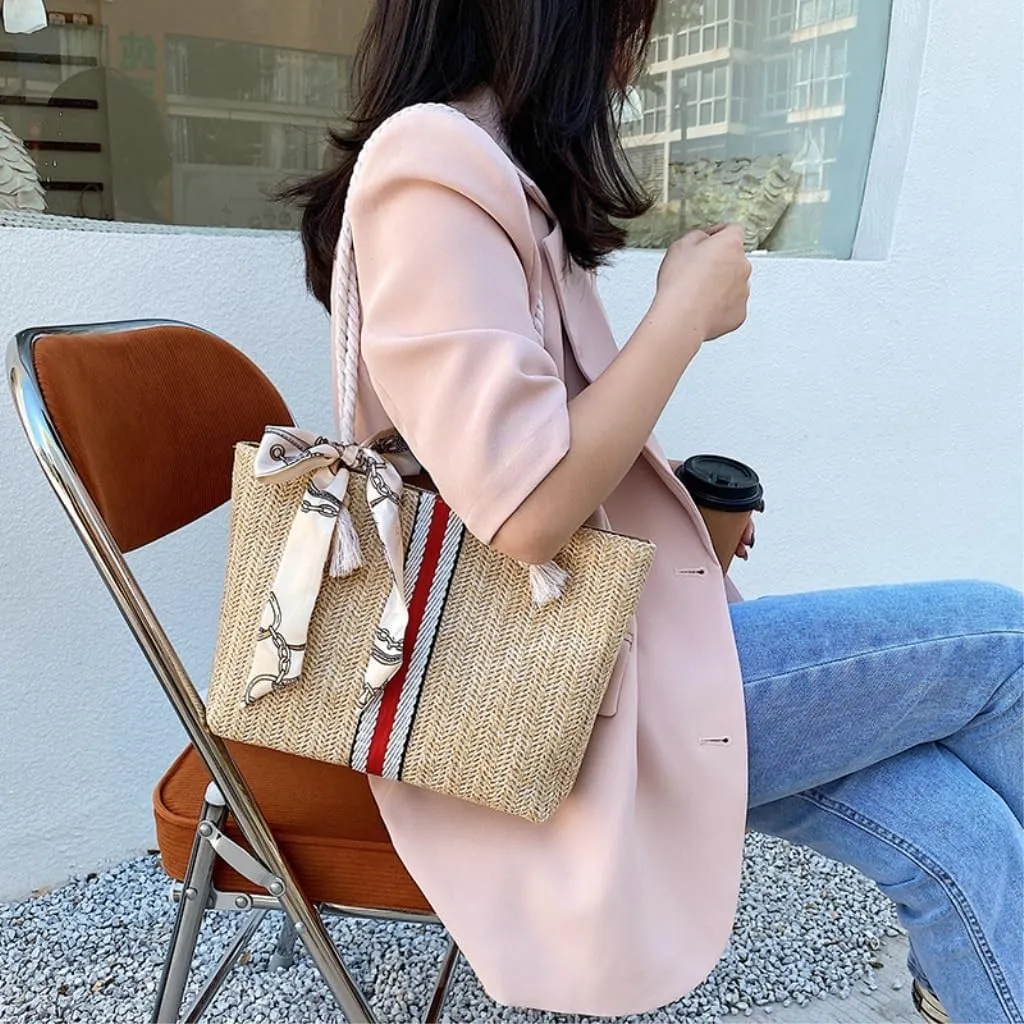 Large capacity Bag Exquisite Straw Handbag with Stripes and Bows: Add Fashionable Flavor Ladies shoulder Bag