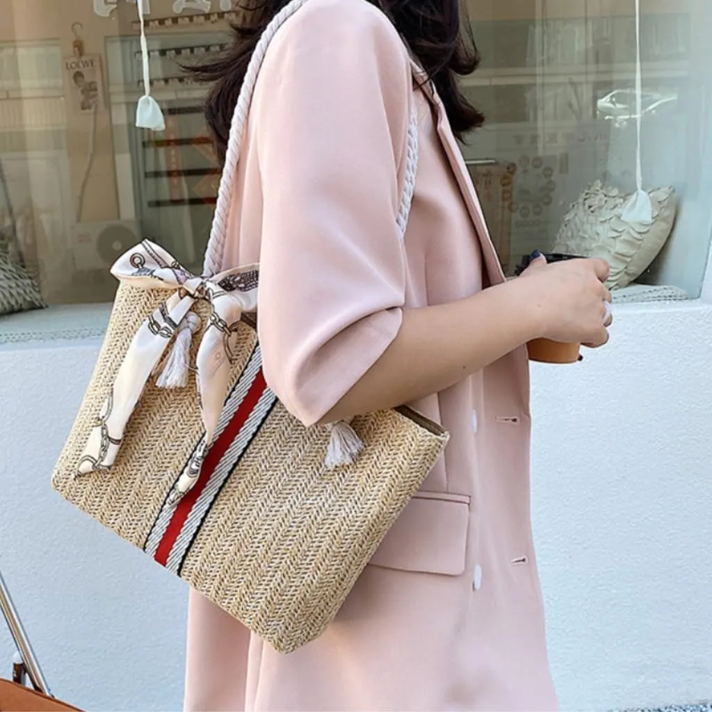 Large capacity Bag Exquisite Straw Handbag with Stripes and Bows: Add Fashionable Flavor Ladies shoulder Bag