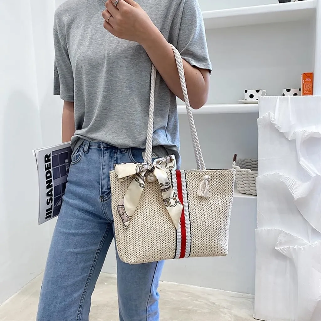Large capacity Bag Exquisite Straw Handbag with Stripes and Bows: Add Fashionable Flavor Ladies shoulder Bag
