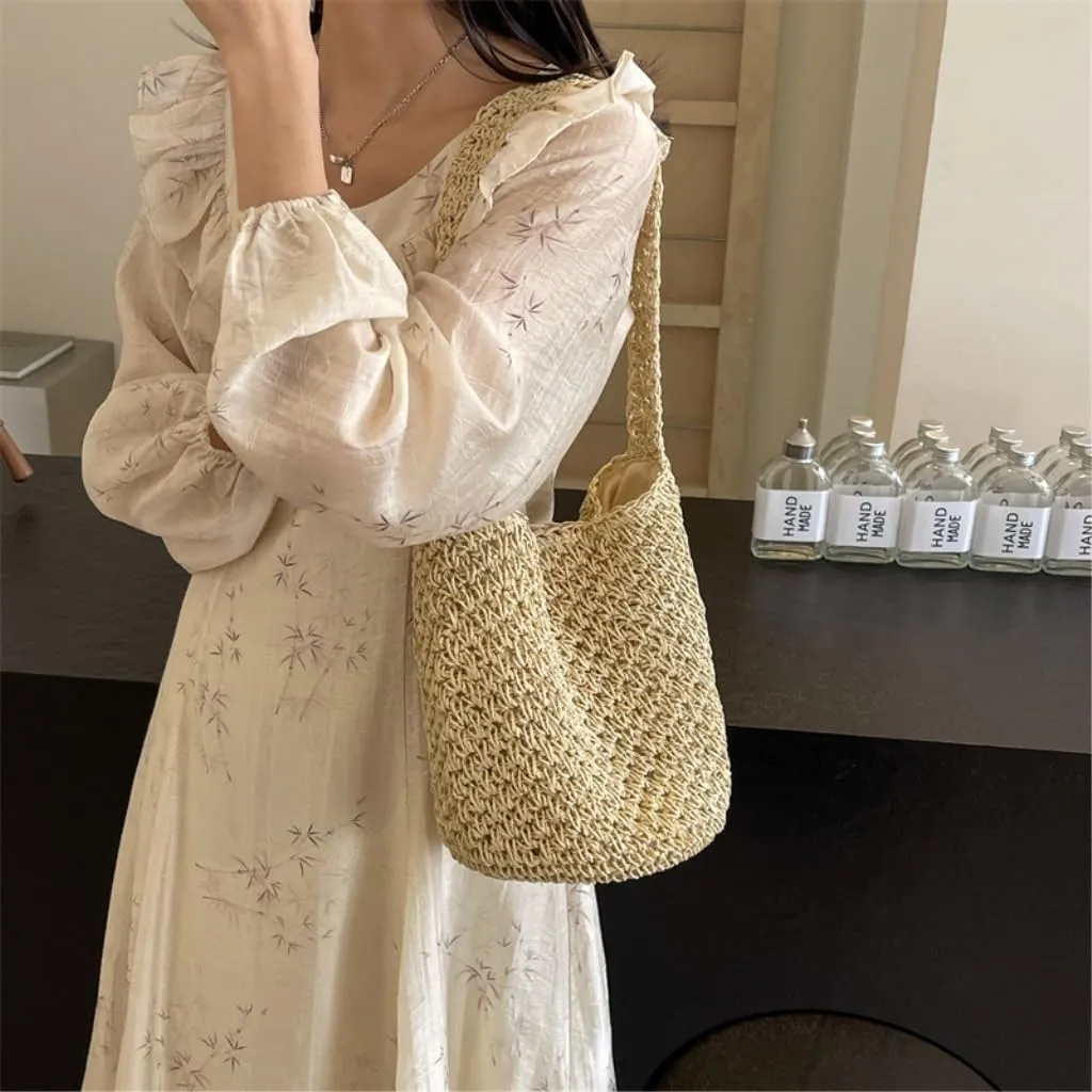 Large capacity Bag Simple and Casual Straw Handbag: Enjoy a Carefree Life Ladies shoulder Bag(Wit)