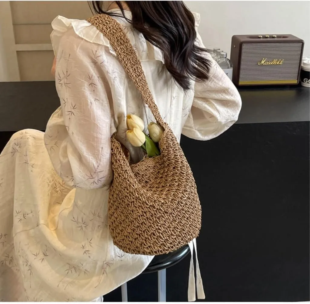 Large capacity Bag Simple and Casual Straw Handbag: Enjoy a Carefree Life Ladies shoulder Bag(Wit)