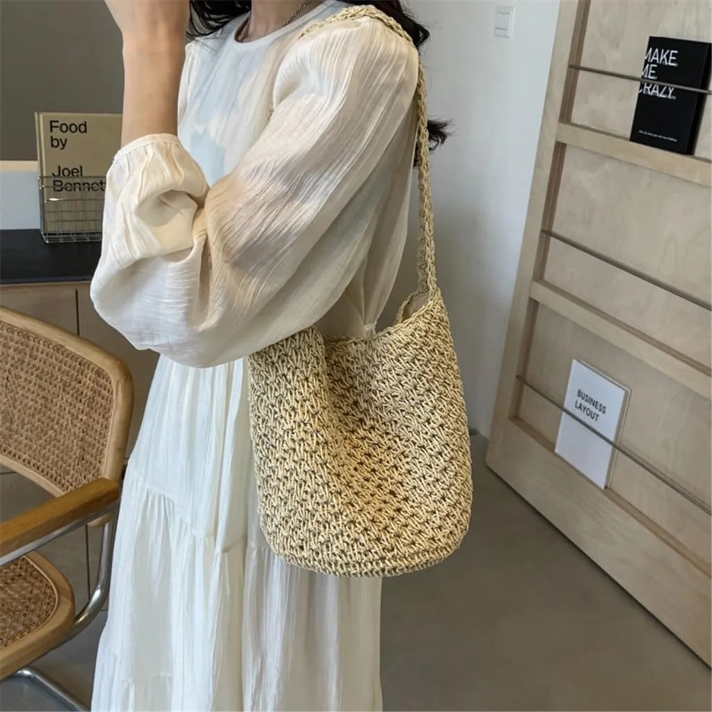 Large capacity Bag Simple and Casual Straw Handbag: Enjoy a Carefree Life Ladies shoulder Bag(Wit)