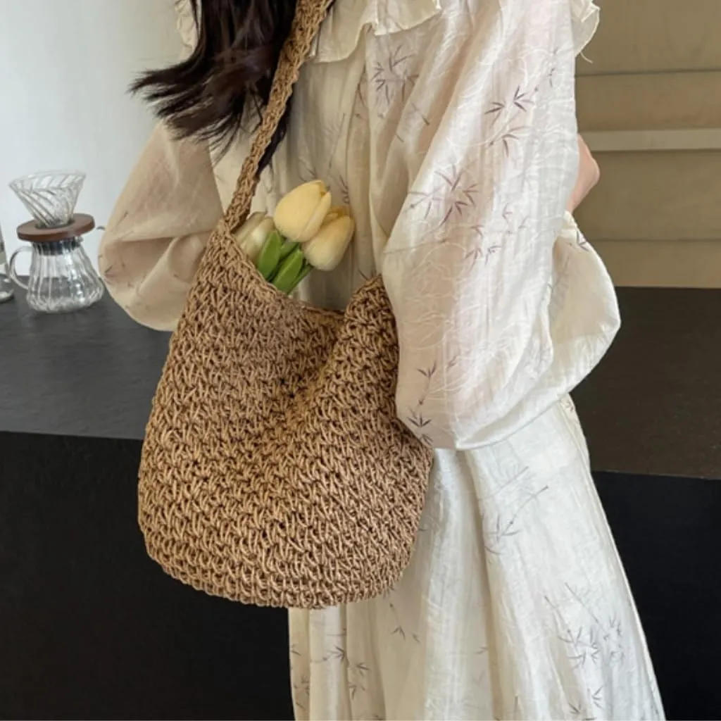 Large capacity Bag Simple and Casual Straw Handbag: Enjoy a Carefree Life Ladies shoulder Bag(Wit)