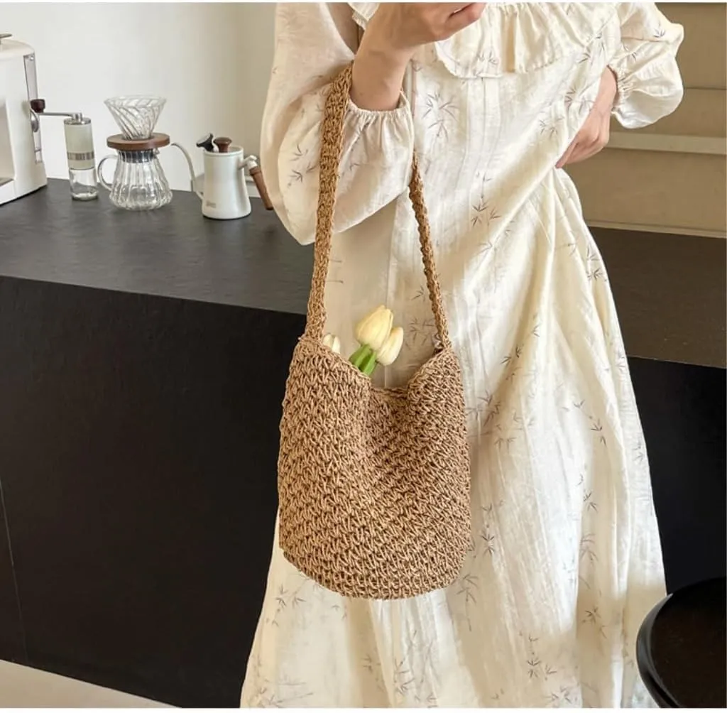 Large capacity Bag Simple and Casual Straw Handbag: Enjoy a Carefree Life Ladies shoulder Bag(Wit)