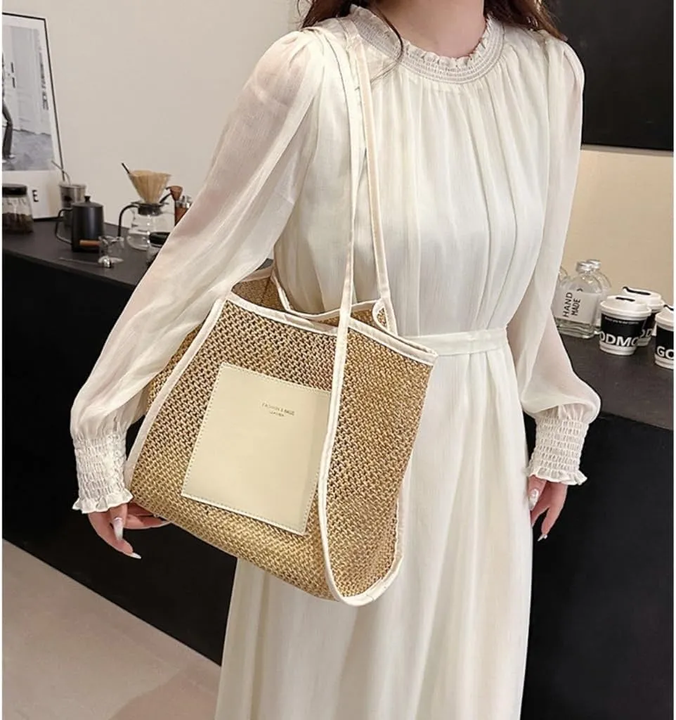 Large capacity Bag Stylish Straw Handbag with Leather Patches: Deduce Casual Style Ladies shoulder Bag(Brown)