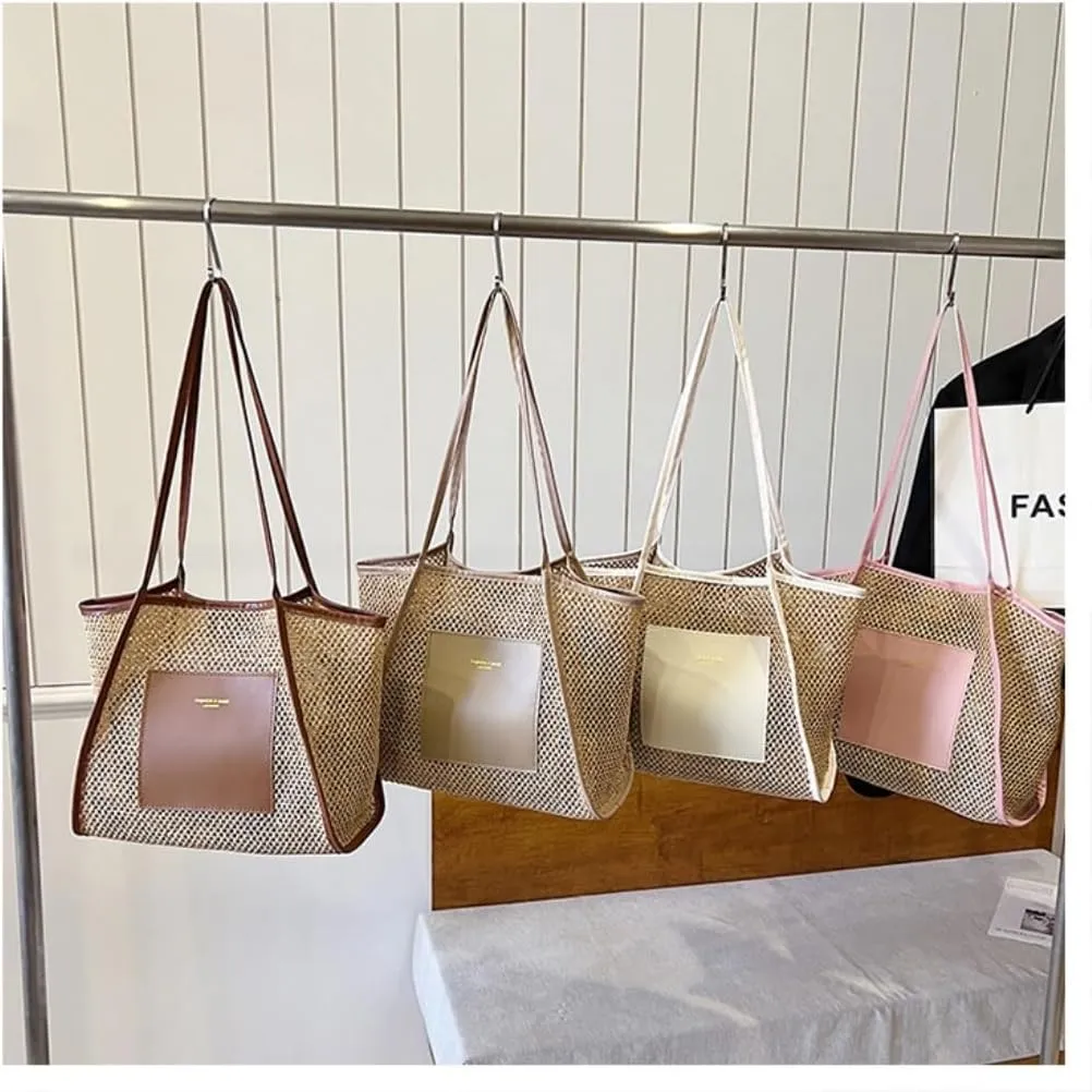 Large capacity Bag Stylish Straw Handbag with Leather Patches: Deduce Casual Style Ladies shoulder Bag(Brown)
