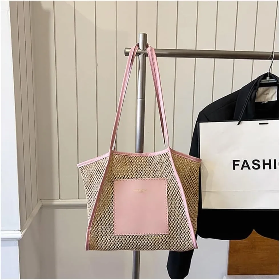 Large capacity Bag Stylish Straw Handbag with Leather Patches: Deduce Casual Style Ladies shoulder Bag(Brown)