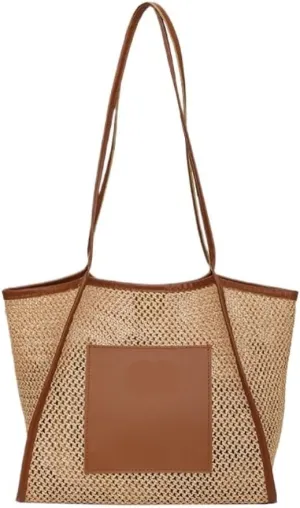 Large capacity Bag Stylish Straw Handbag with Leather Patches: Deduce Casual Style Ladies shoulder Bag(Brown)