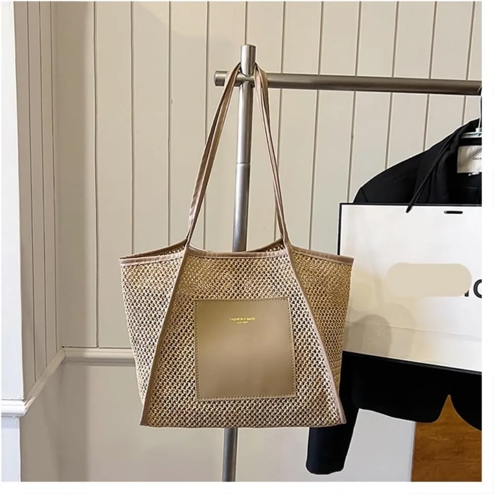 Large capacity Bag Stylish Straw Handbag with Leather Patches: Deduce Casual Style Ladies shoulder Bag(Brown)