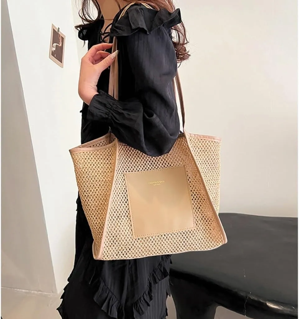 Large capacity Bag Stylish Straw Handbag with Leather Patches: Deduce Casual Style Ladies shoulder Bag(Brown)