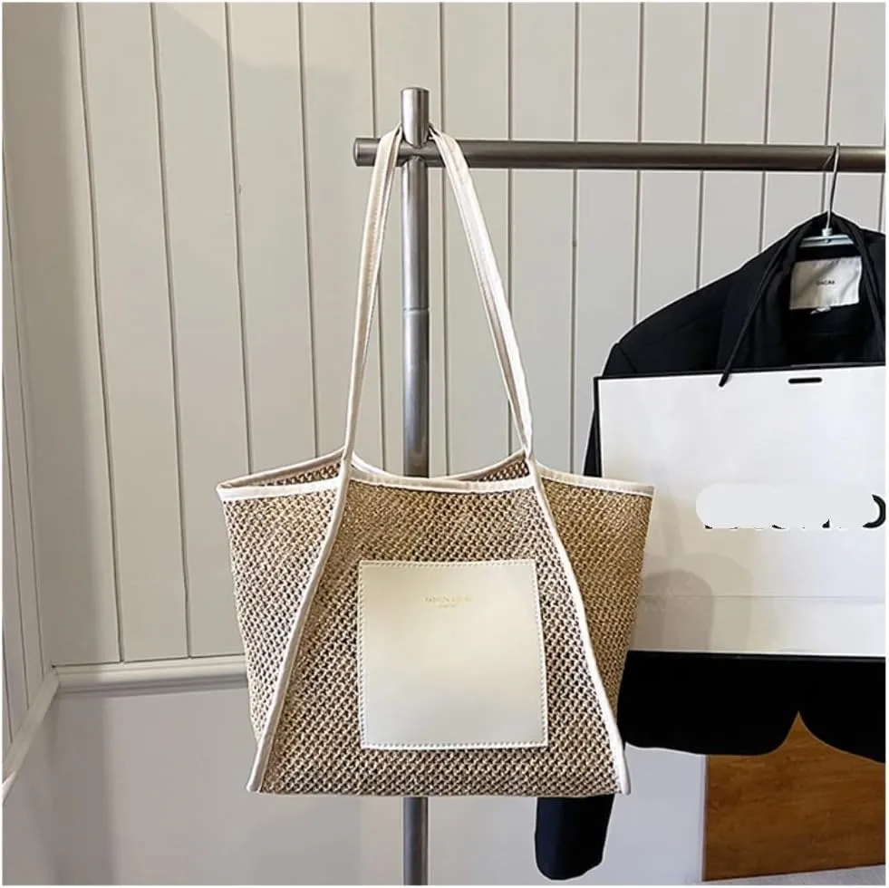 Large capacity Bag Stylish Straw Handbag with Leather Patches: Deduce Casual Style Ladies shoulder Bag(Brown)