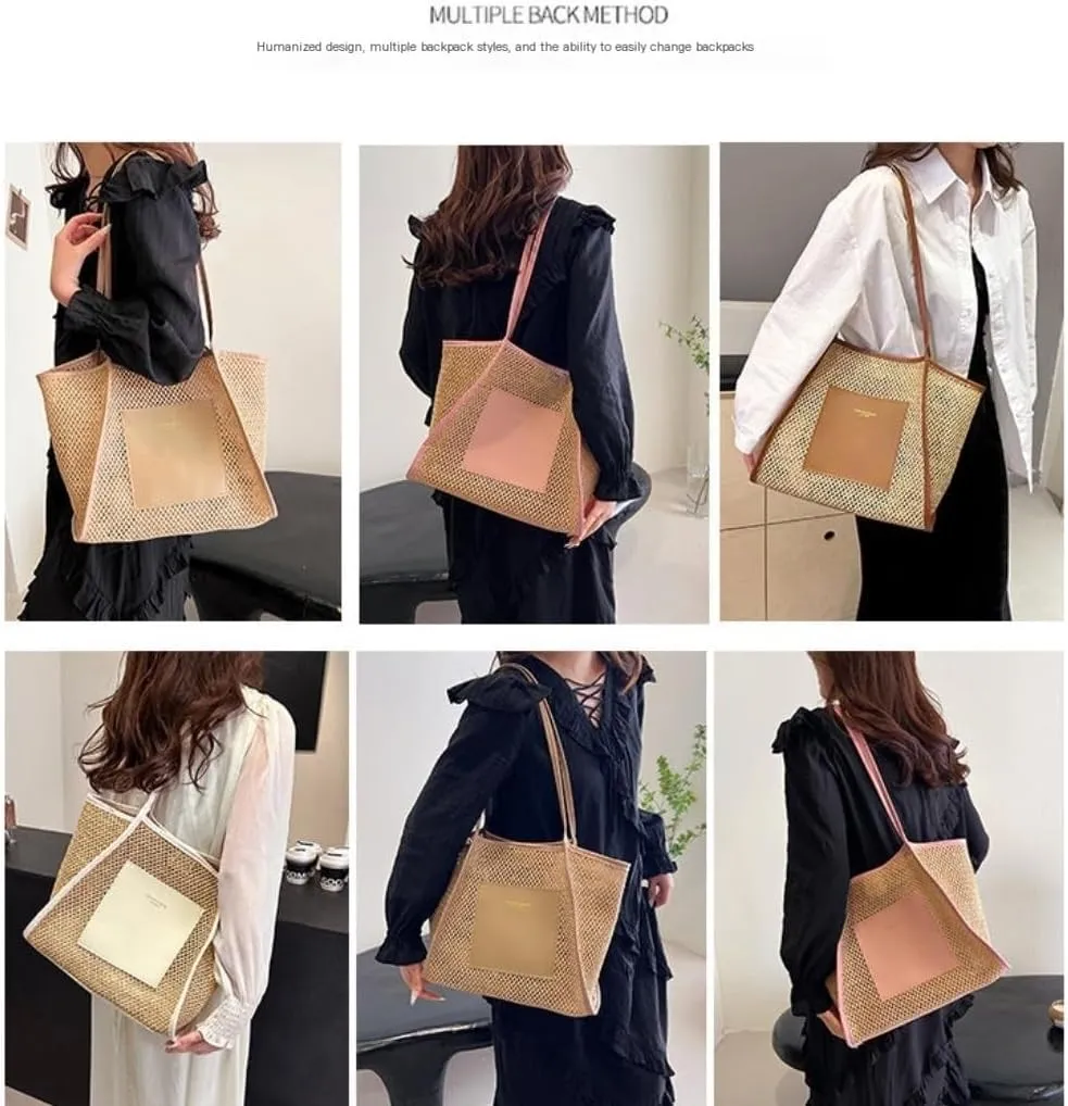 Large capacity Bag Stylish Straw Handbag with Leather Patches: Deduce Casual Style Ladies shoulder Bag(Brown)