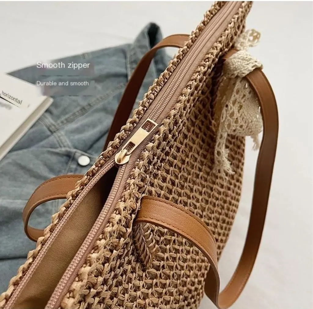 Large capacity Bag Sweet Bowknot - adorned Straw Handbag: Encounter Elegant Moments During Outings Ladies shoulder Bag