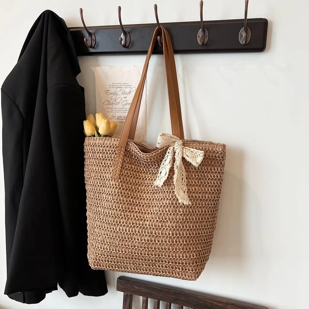 Large capacity Bag Sweet Bowknot - adorned Straw Handbag: Encounter Elegant Moments During Outings Ladies shoulder Bag